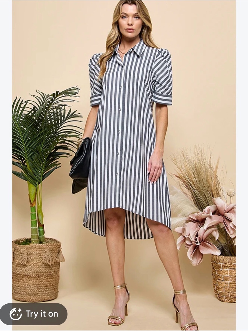 2 for $15 sale: Zanzea hi low gray white striped midi collared shirt dress - M
